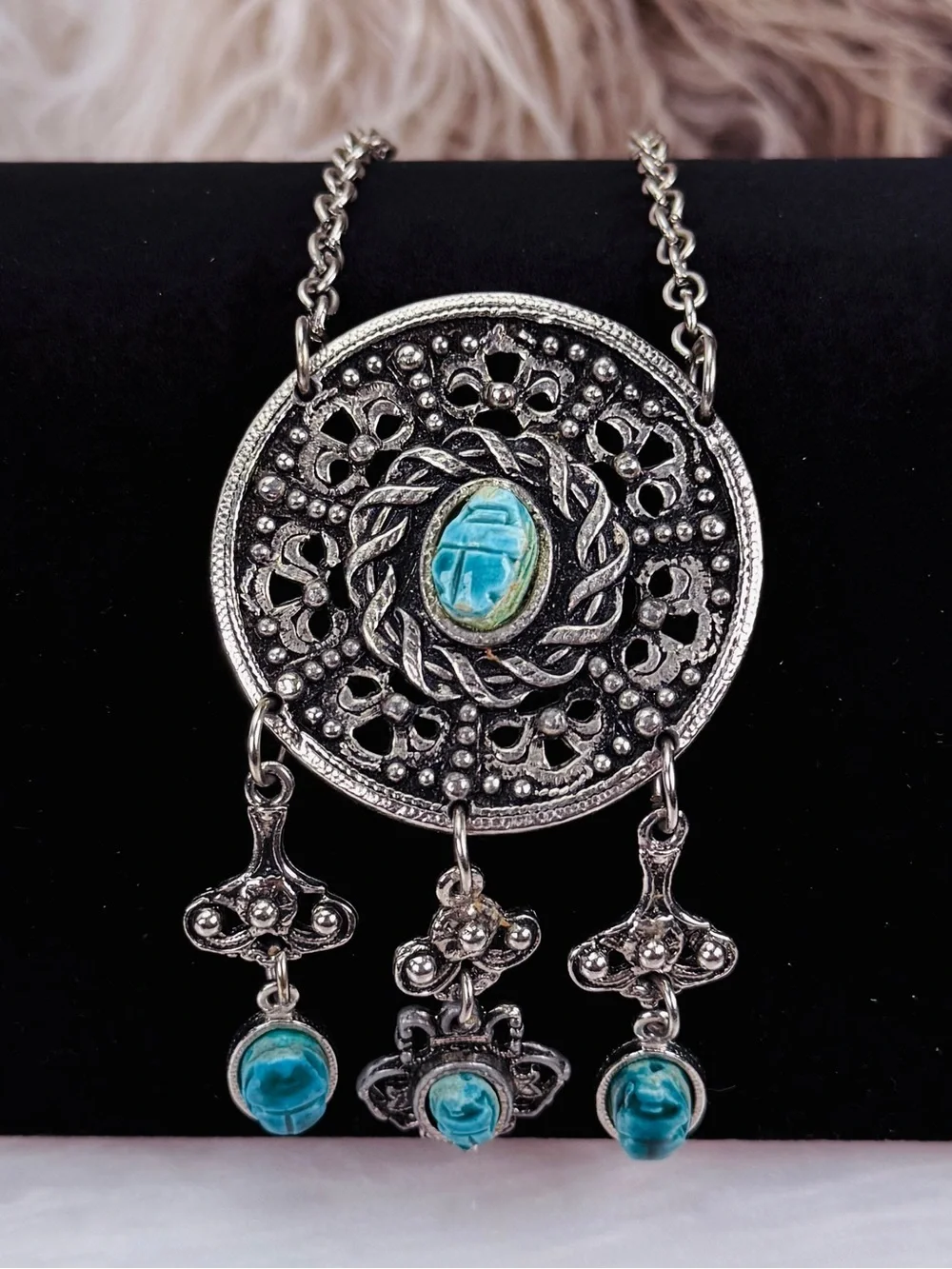 Egyptian Revival Scarab Medallion Necklace Blue Cabochon Dangles Silver Tone